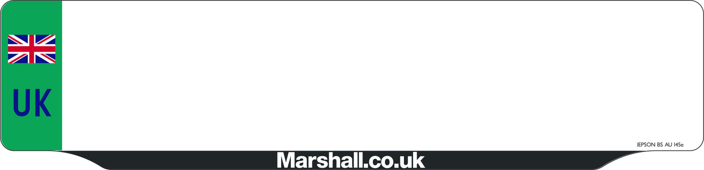 Made-up car lipped oblong rear plate: 520 x 125mm with green flash and UK Identifier