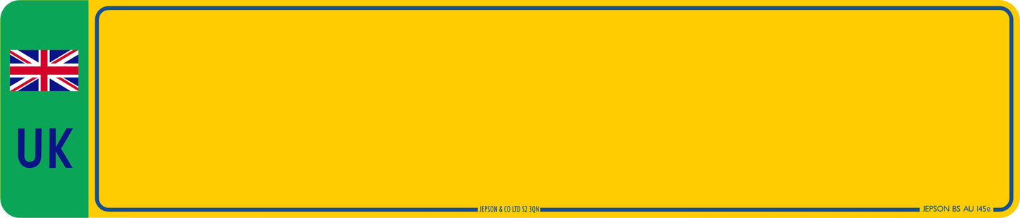 Made-up car standard oblong front plate: 520 x 111mm with green flash and UK Identifier