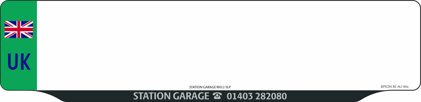 Car acrylic lipped oblong: 520 x 125mm with green flash and UK Identifier (pre-printed)