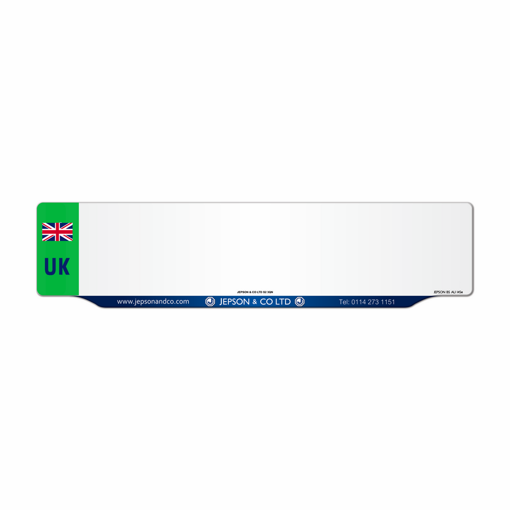 Car acrylic lipped oblong: 520 x 125mm with green flash and UK Identifier (pre-printed)