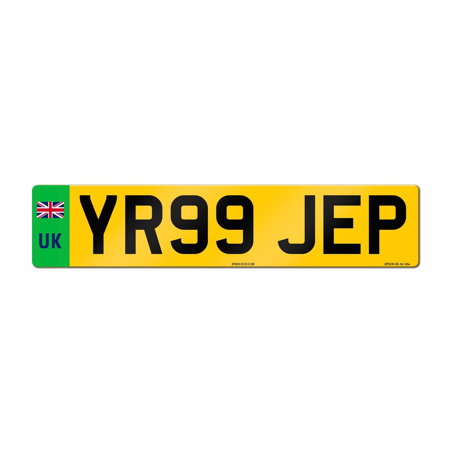 Made-up car standard oblong rear plate: 520 x 111mm with green flash and UK Identifier