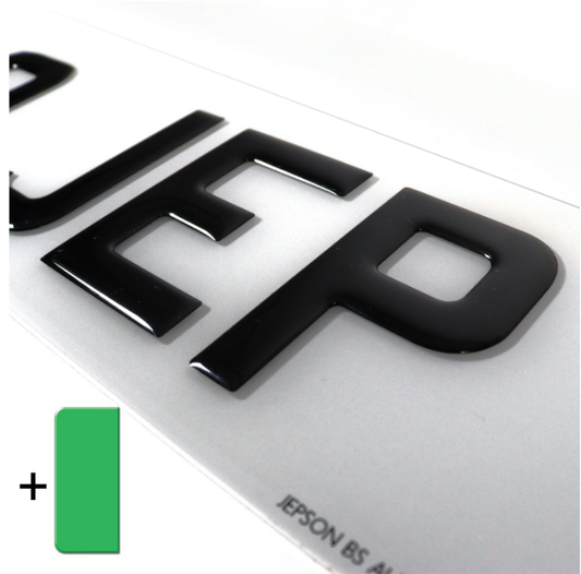 Made-up car standard oblong front plate: 520 x 111mm with gel digits and green flash