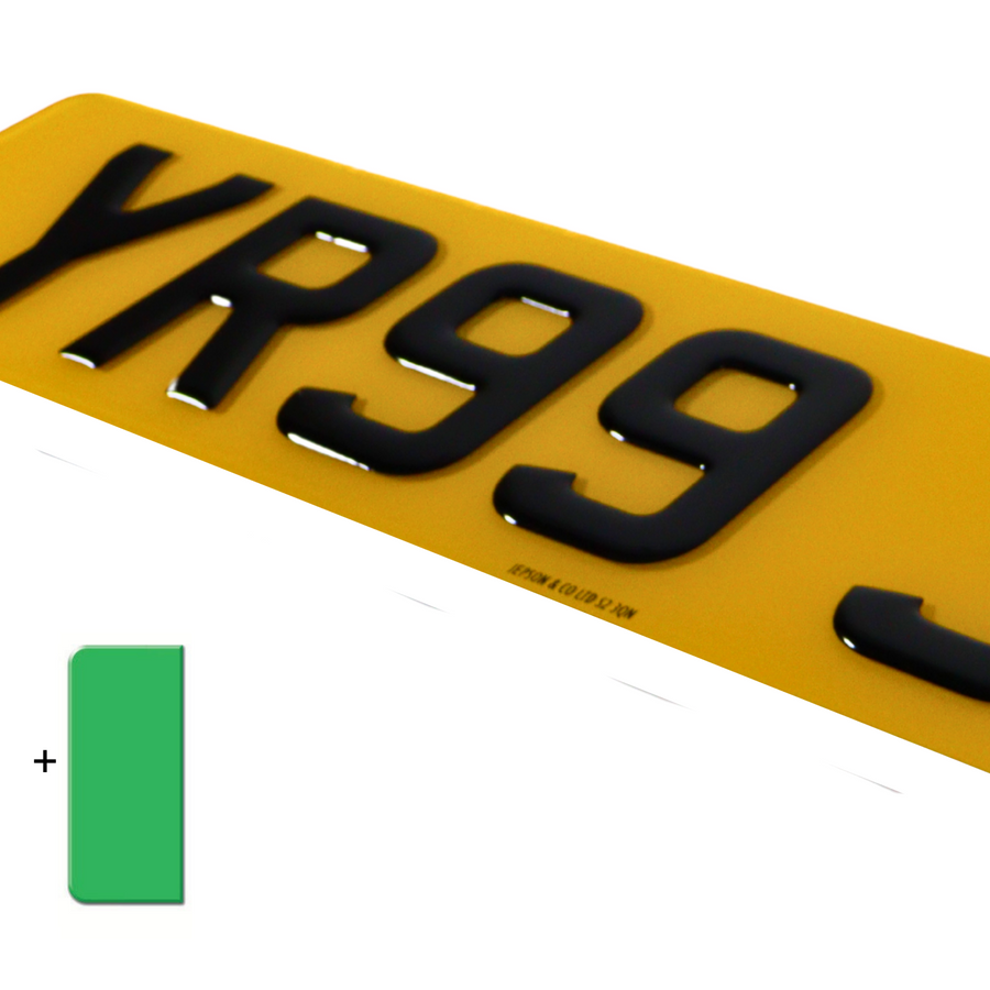 Made-up car standard oblong rear plate: 520 x 111mm with gel digits and green flash