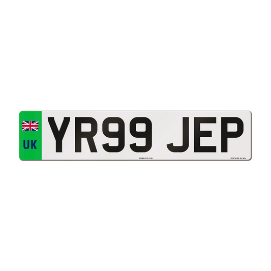 Made-up car standard oblong front plate: 520 x 111mm with green flash and UK Identifier